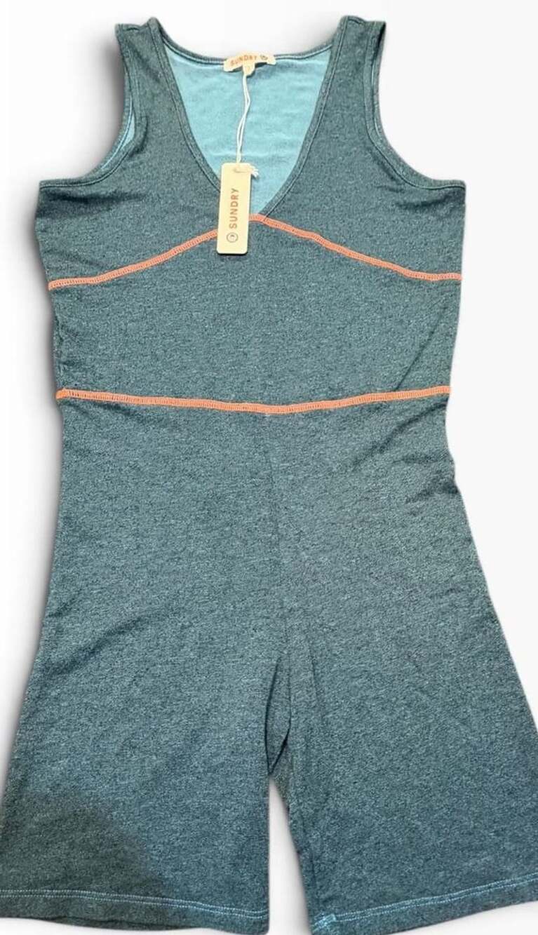 NWT Sundry Workout Romper Size 1 Heather Green Orange Stitching Active Jumpsuit